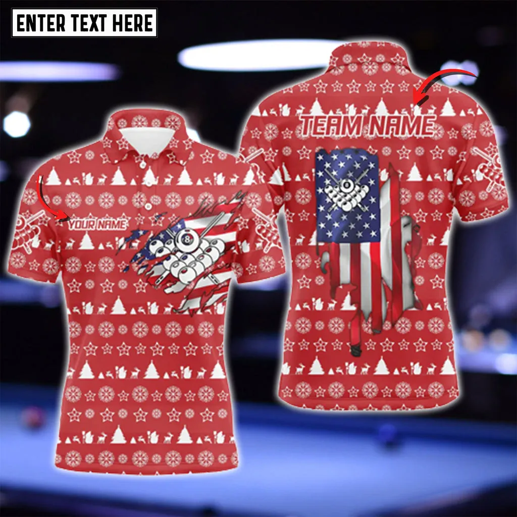 Personalized US Flag 8 Ball Pool With Santa Christmas Billiard 3D Polo Shirt