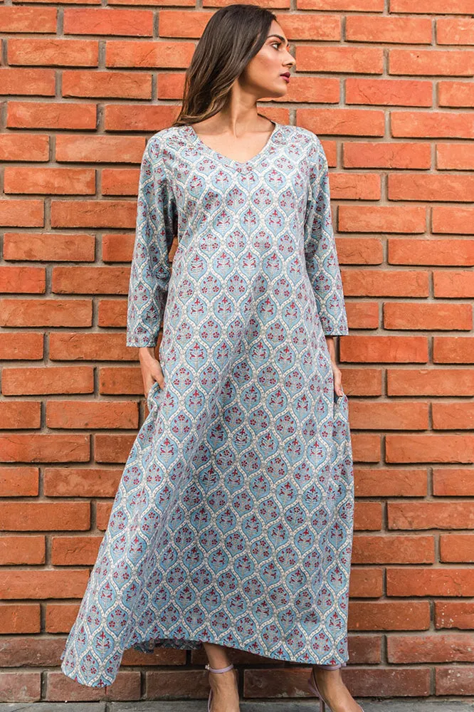 Sevya Manisha Block Print Caftan Light Blue