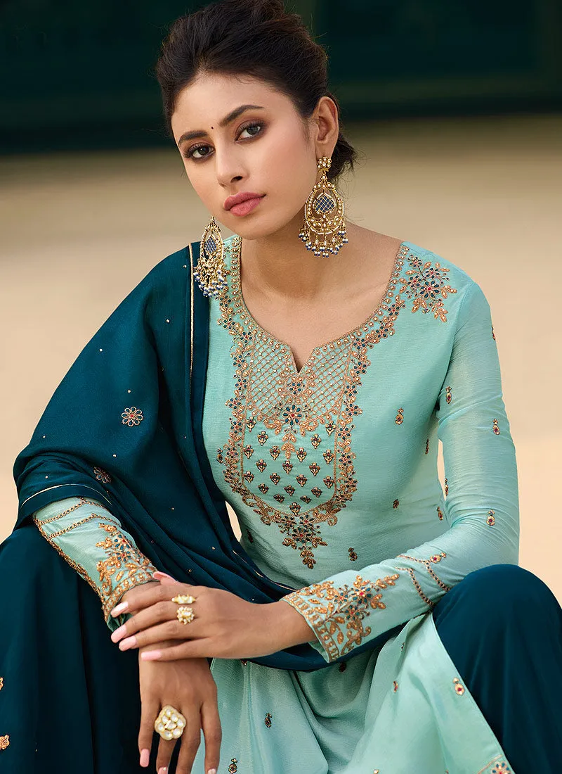 Turquoise Blue Two Tone Designer Gharara Style Suit