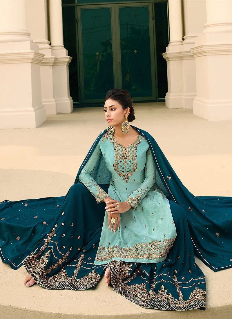 Turquoise Blue Two Tone Designer Gharara Style Suit