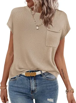 Zeagoo Womens Sweater Vest Fall 2025 Loose Fit Cape Sleeve Knit Ribbed Tank Tops with Front Pocket S-XXL