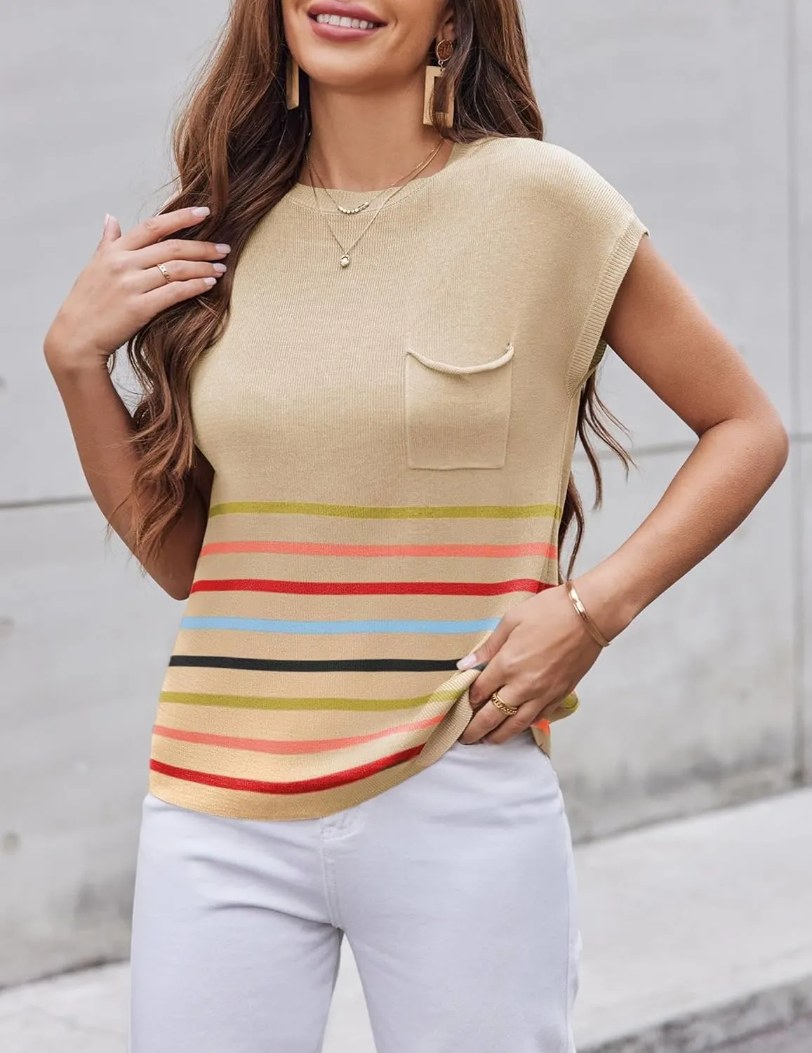 Zeagoo Womens Sweater Vest Fall 2025 Loose Fit Cape Sleeve Knit Ribbed Tank Tops with Front Pocket S-XXL